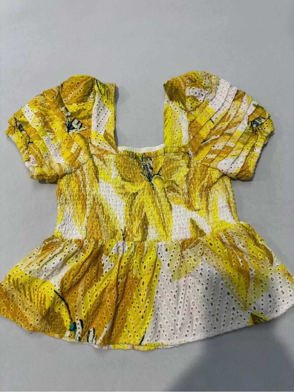 FARM Rio Azalea Yellow Floral Eyelet Smocked Peplum Top M